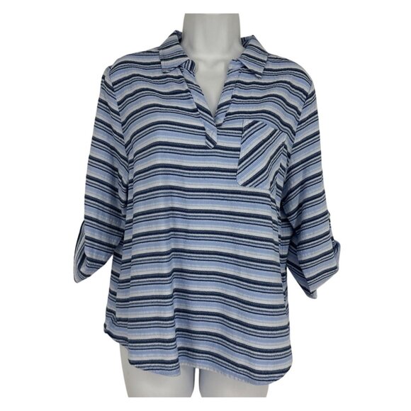 Chico's Striped 3/4 Sleeve Collared Blouse With Roll Tab Sleeves Size 2 US L - Picture 5 of 11